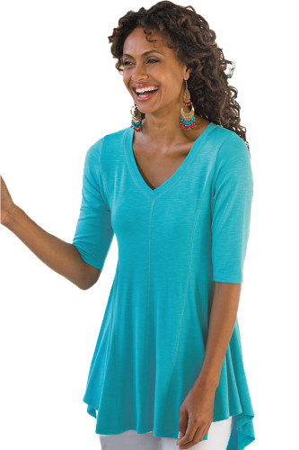 Turquoise Half Sleeve V Neck A-Line Top