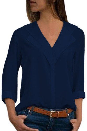 Royal Blue Lapel V Neck Roll Sleeve Blouse