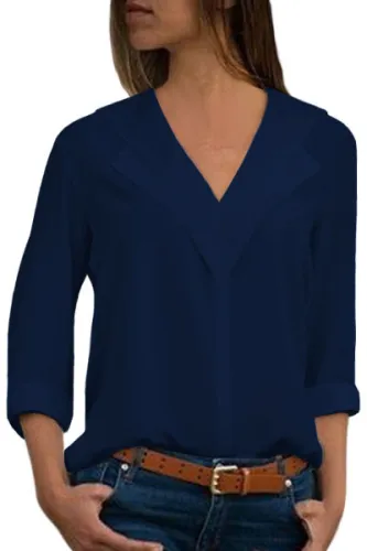 Royal Blue Lapel V Neck Roll Sleeve Blouse