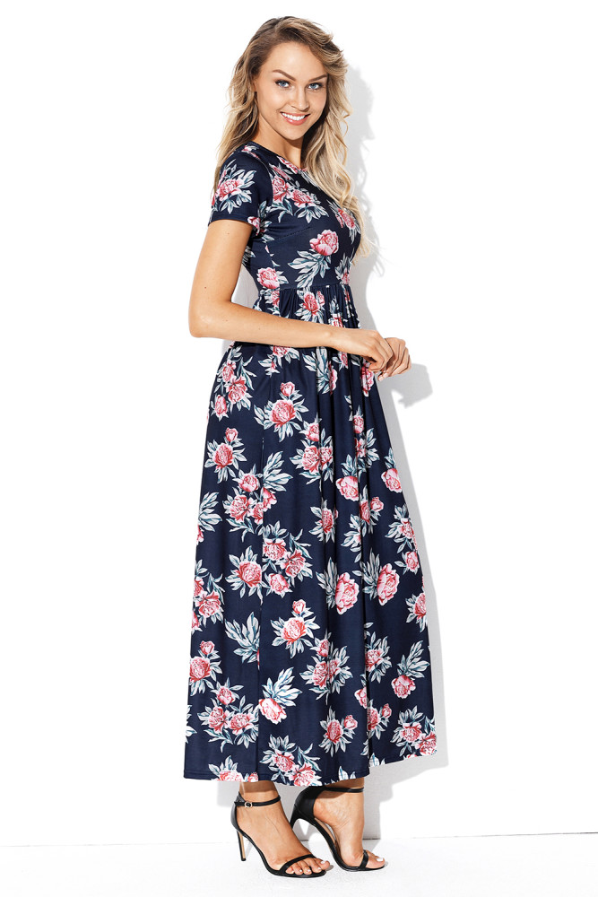 Pocket Design Short Sleeve Dark Blue Floral Maxi Dress