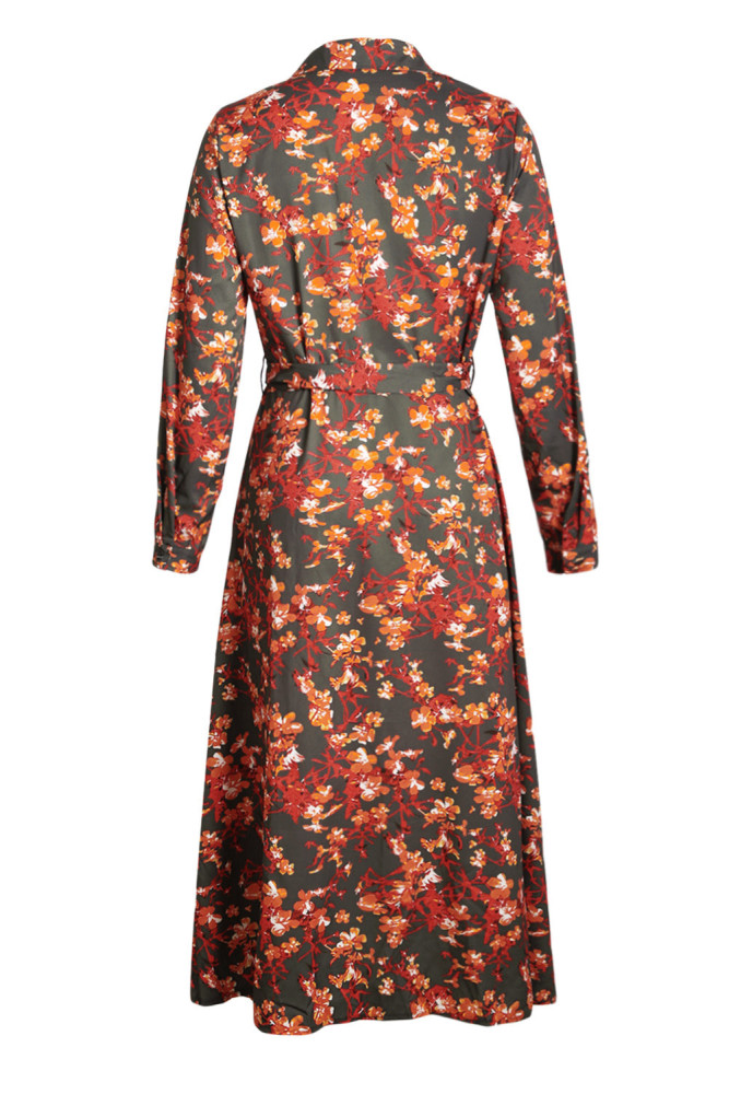 Taupe Floweret Print Button Down Belted Shirt Dress