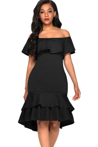 Black Off Shoulder Hi-Lo Hem Ruffle Party Dress