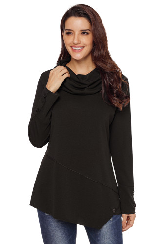 Black Button Detail Asymmetric Cowl Neck Sweatshirt