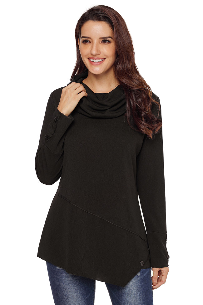 Black Button Detail Asymmetric Cowl Neck Sweatshirt
