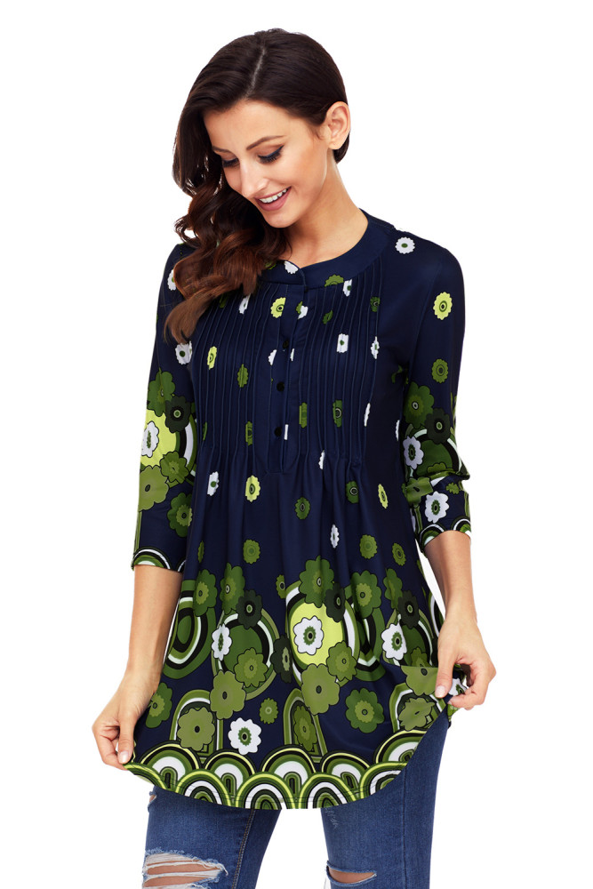 Navy Green Floral Print Flowy Blouse