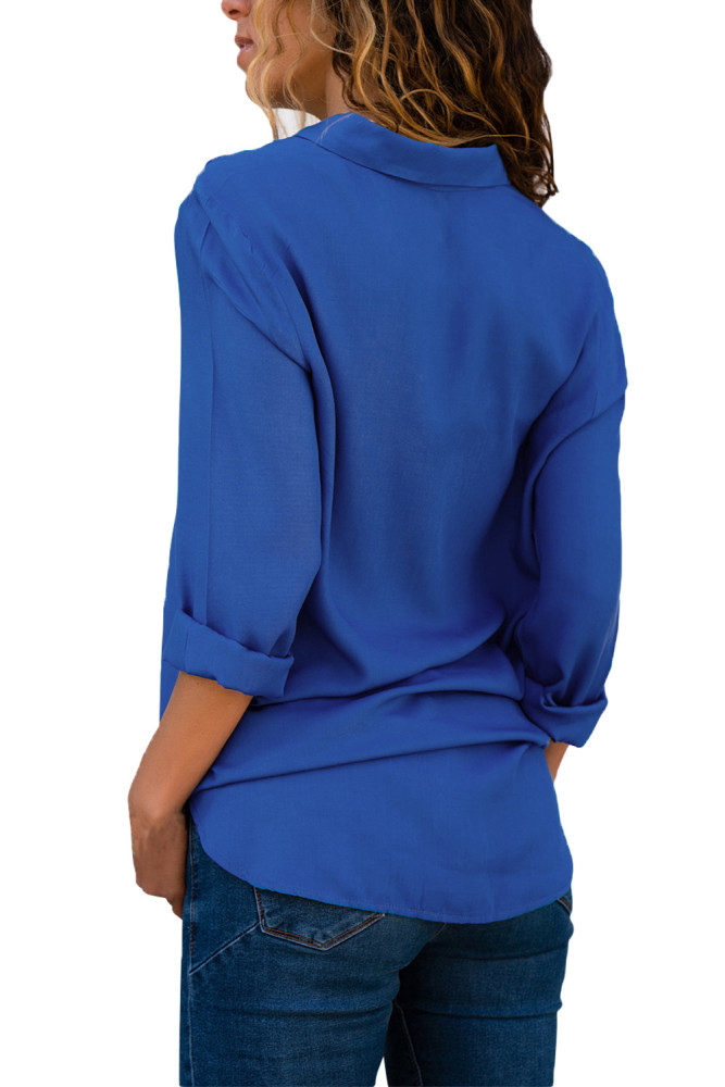 Double V Color Block Blue Relaxed Boyfriend Shirt