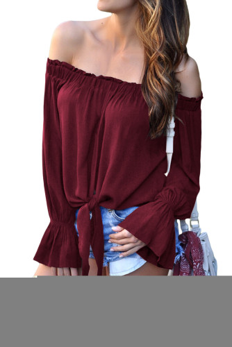 Burgundy Elastic Off Shoulder Tie Front Bell Sleeve Top