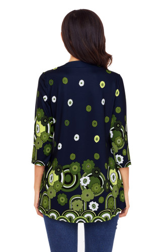 Navy Green Floral Print Flowy Blouse