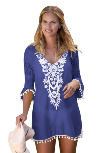 Blue Crochet Pom Pom Trim Beach Tunic Cover up