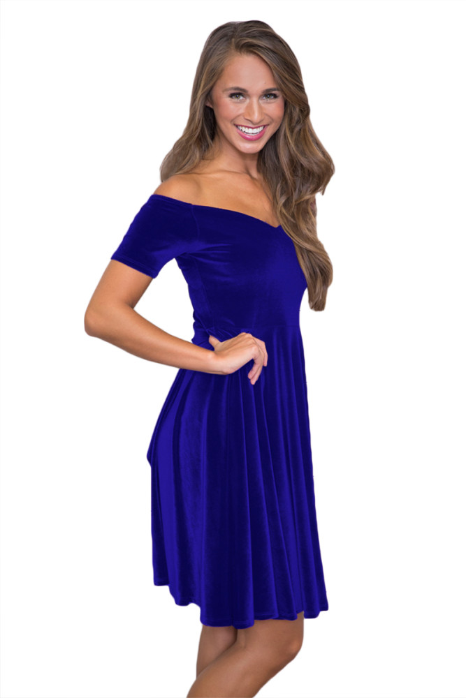 Blue Velvet Off Shoulder Pleated Skater Dress