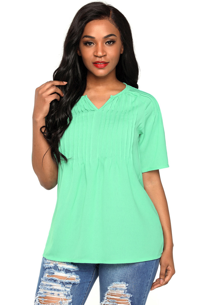 Green Pintucks Detail Raglan Sleeves Blouse