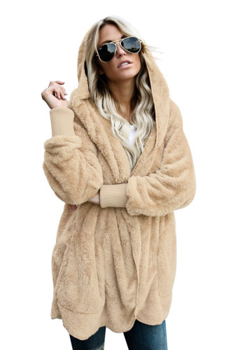 Khaki Soft Fleece Hooded Open Front Coat