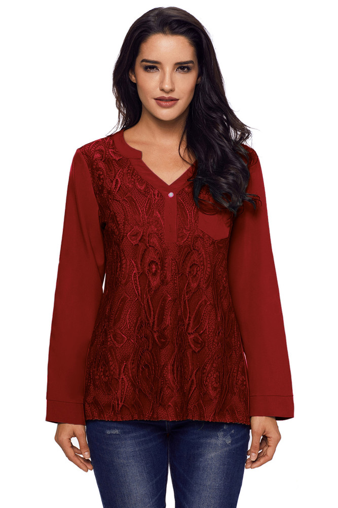 Red Lace Panel Split Neck Roll Tab Sleeve Blouse