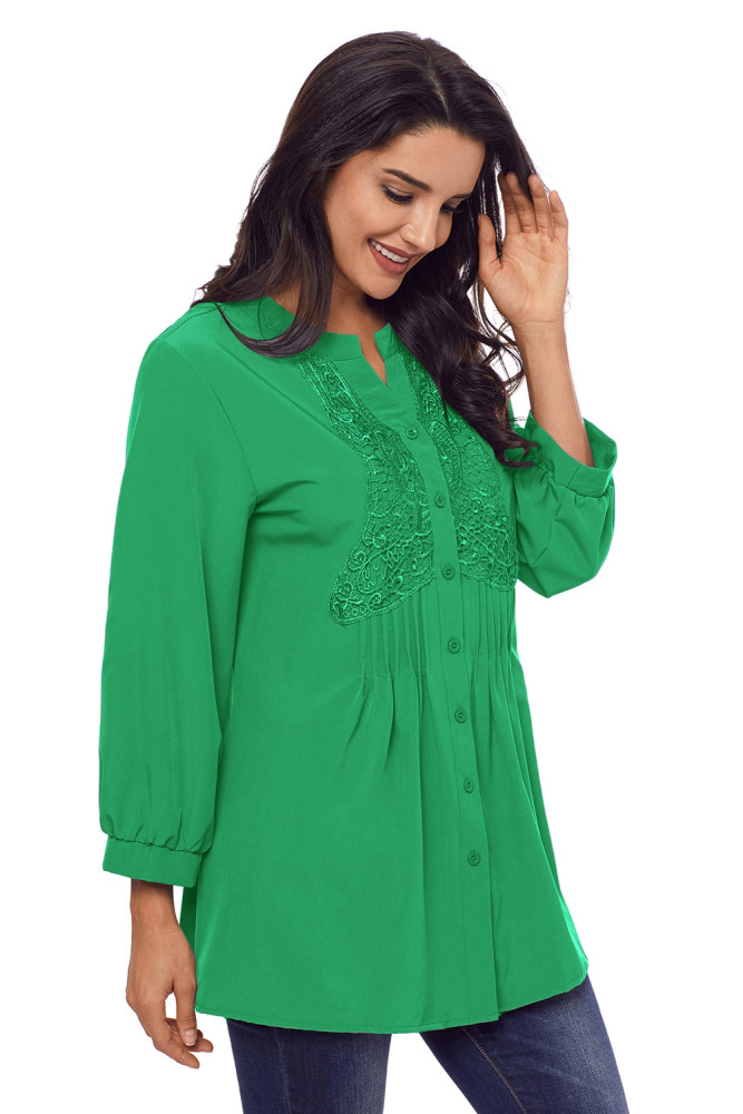 Green Lace and Pleated Detail Button up Blouse
