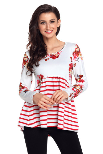 White Floral Striped Babydoll Tunic