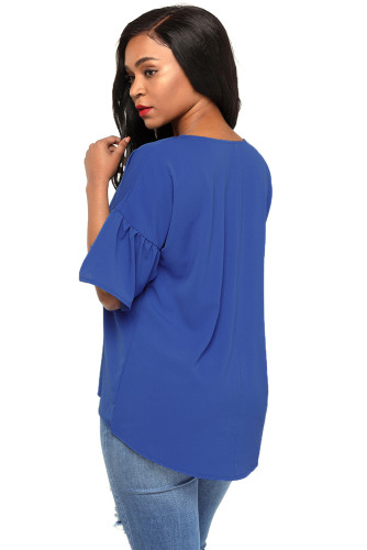 Royal Blue Short Bell Sleeves Sheer Chiffon Blouse