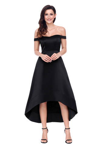 Black High-shine High-low Party Evening Dress