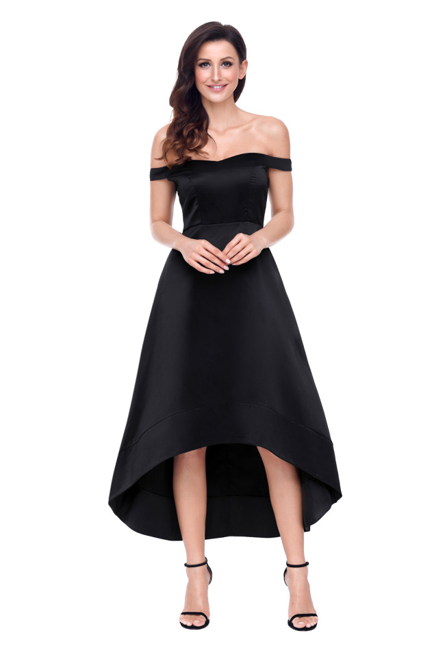 Black High-shine High-low Party Evening Dress