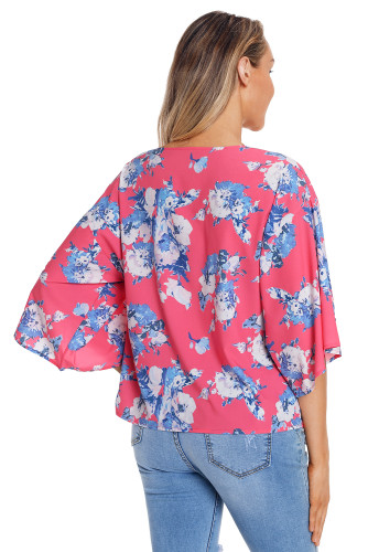 Rose Flowery Print Tie Front Kimono Sleeve Blouse