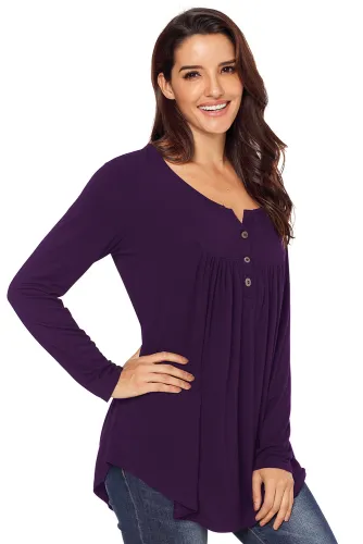 Purple Long Sleeve Button up Pleated Tunic