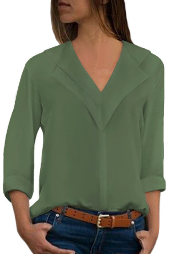 Sage Green Lapel V Neck Roll Sleeve Blouse