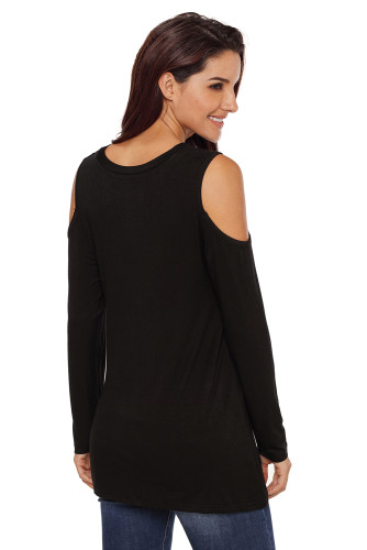 Black Cold Shoulder Knotted Hem Blouse Top