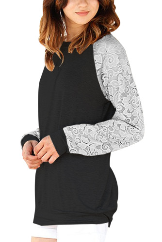 Lace Raglan Sleeve Black Casual Sweatshirt