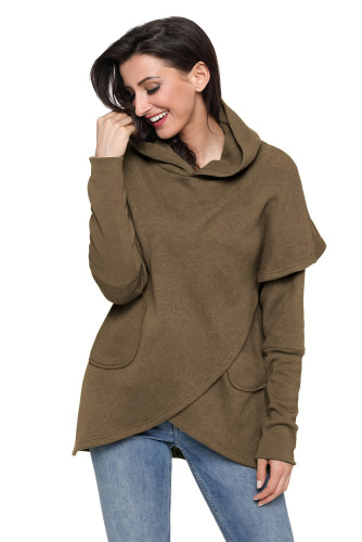 Taupe Tulip Wrap Cape Style Long Sleeve Hoodie
