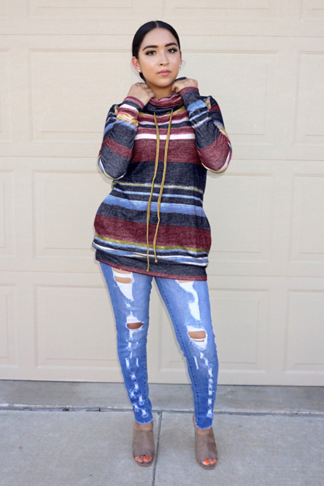Blue Multicolor Cowl Neck Striped Long Sleeve Sweatshirt