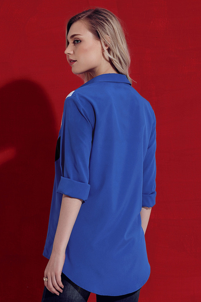 Double V Color Block Blue Relaxed Boyfriend Shirt