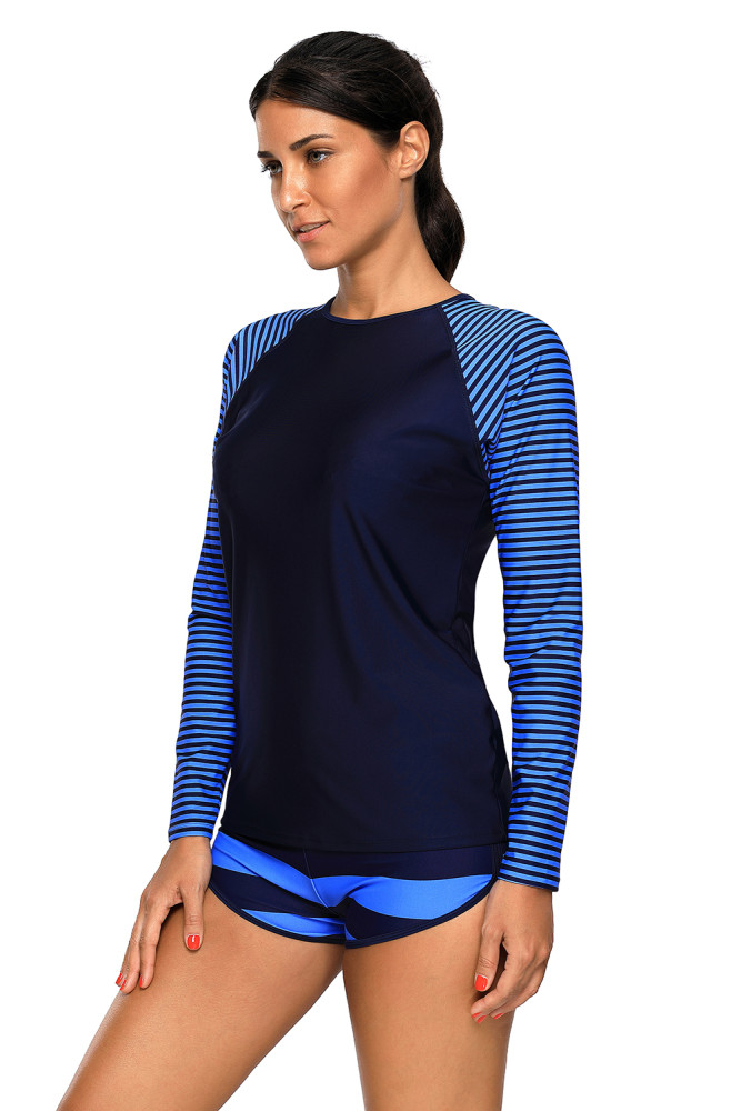 Navy Stripes Long Sleeve Rashguard Tankini Swimsuit