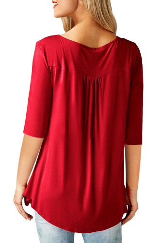 Red 3/4 Sleeve Button Detail Pleated Tunic