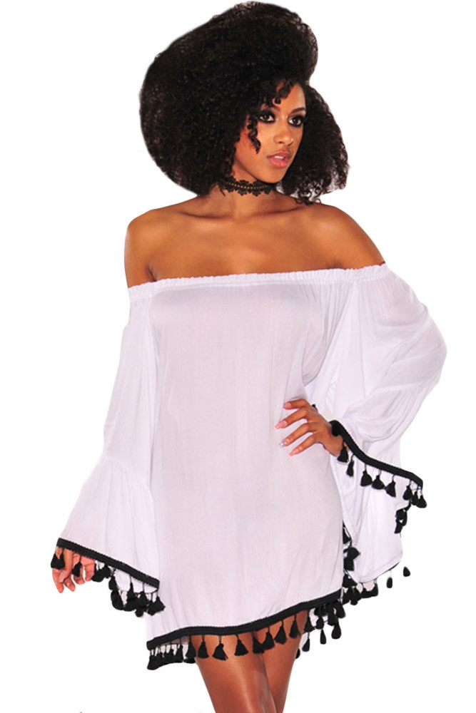White Off Shoulder Black Tassel Trim Dress