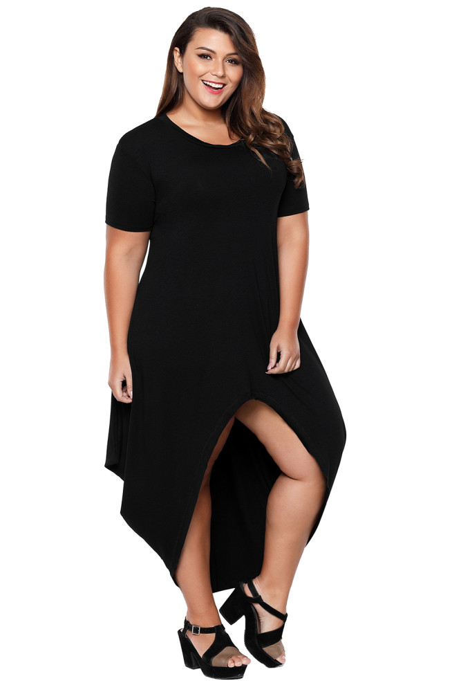 Black Plus Size Hi-Lo Slit Jersey Knit Maxi Dress