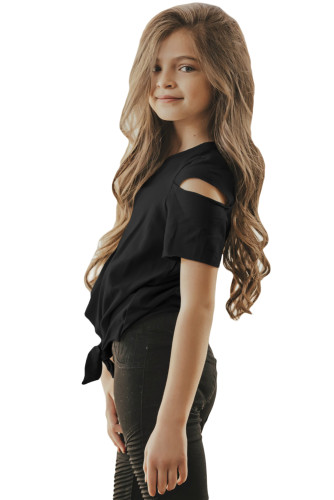 Black Cut Out Shoulder Tie Front Tee