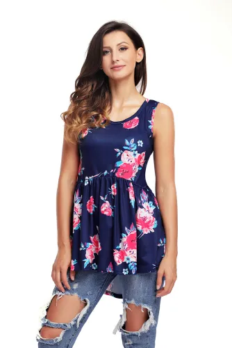 Navy Blooms Floral Print Sleeveless Babydoll Tank