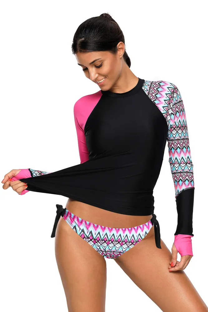 Contrast Rosy Detail Long Sleeve Tankini Swimsuit