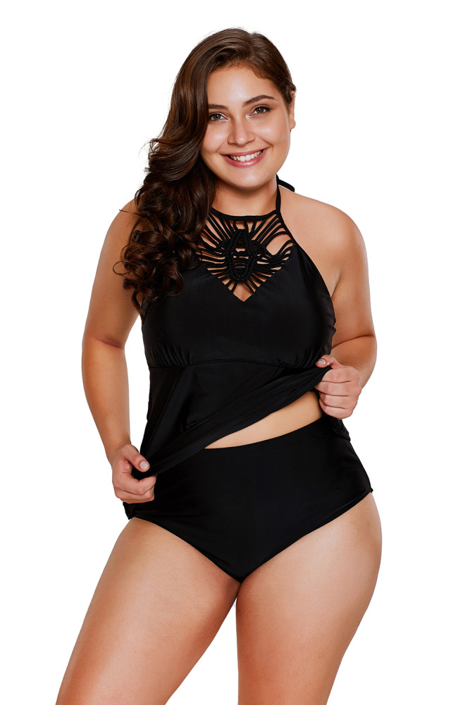 Black Macrame High Neck 2pcs Bathing Suit
