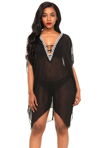 Delicate Embroidery Black Cold Shoulder Sheer Mesh Cover Up