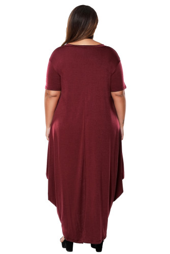 Burgundy Plus Size Hi-Lo Slit Jersey Knit Maxi Dress
