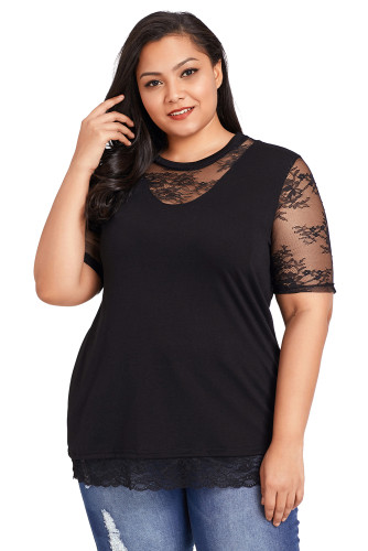 Floral Lace Splice Short Sleeve Plus Size Top