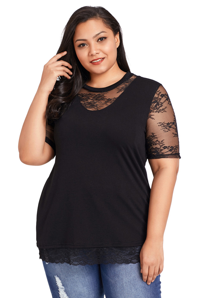 Floral Lace Splice Short Sleeve Plus Size Top