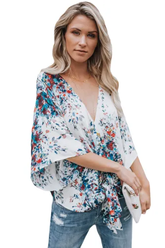 White Flowerlet Print Tie Front Kimono Sleeve Blouse
