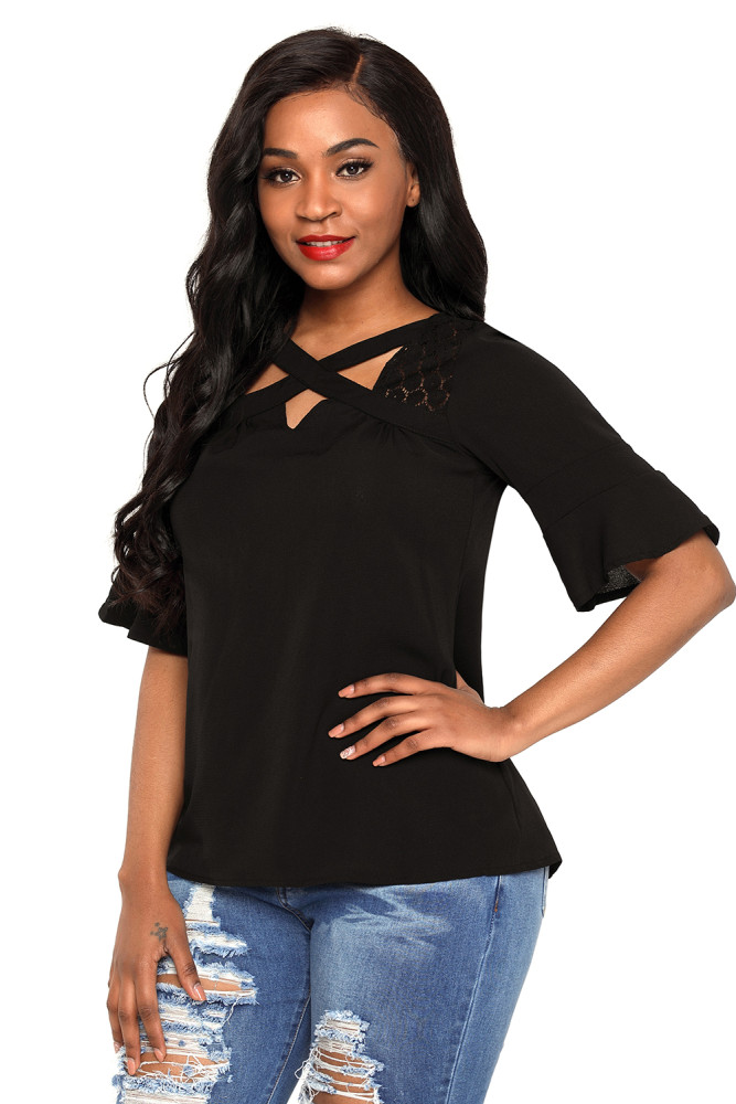 Black Crisscross Neck Lace Insert Bell Sleeve Top
