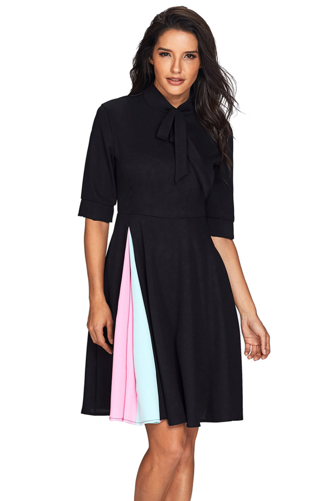 False Slit Splice Black Bow Tie Vintage Dress
