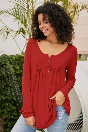 Red Long Sleeve Button up Pleated Tunic