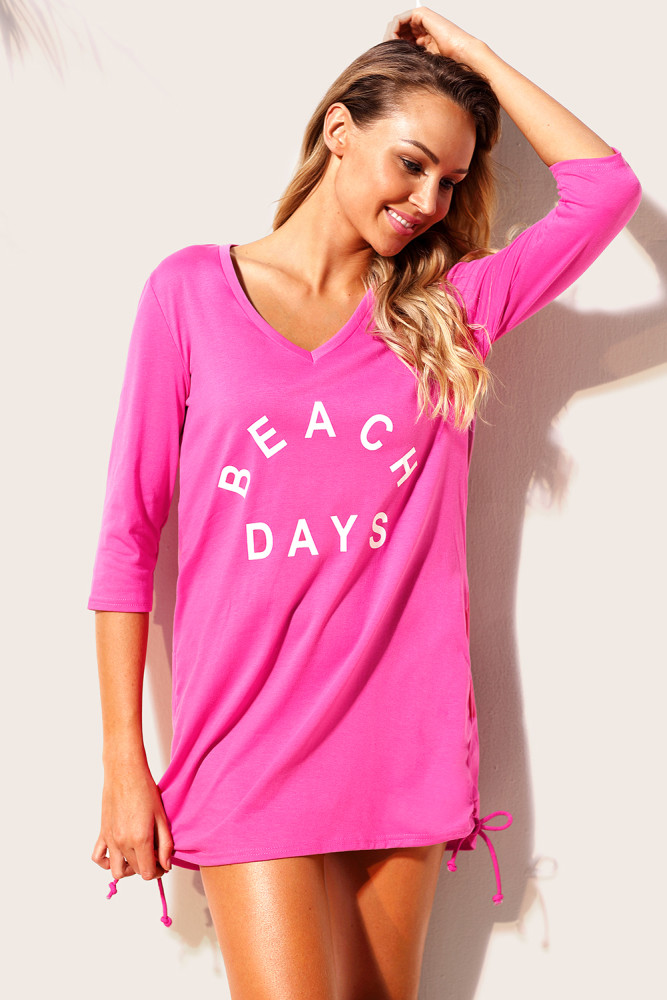 Rosy Ruched Tie Side V Neck Beach Cover Up