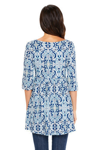Mint Navy Leafy Print Elegant Long Top