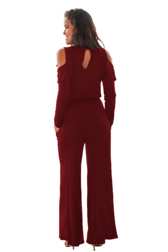 Burgundy Ruffle Cold Shoulder Long Sleeve Jumpsuit