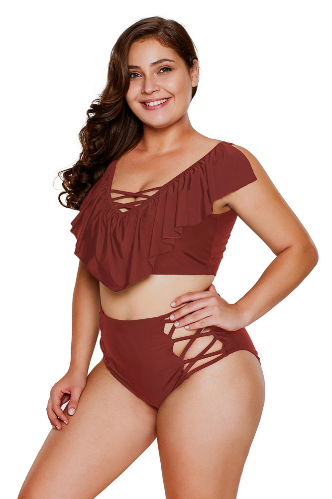 Burgundy Frill Tankini Crisscross High Waist Swimsuit